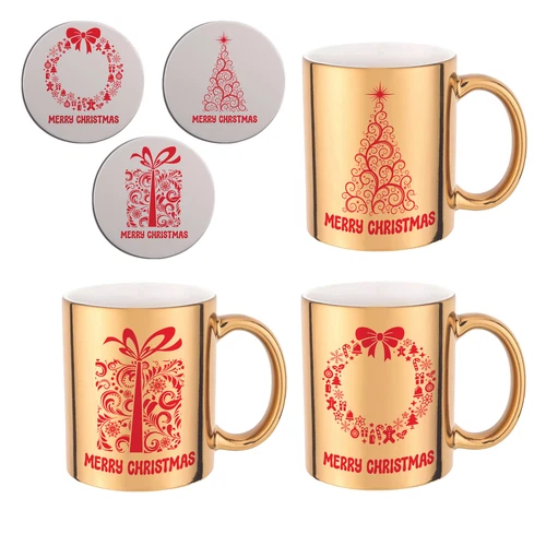 GIFT SET - Gold Christmas Mugs and Coaster