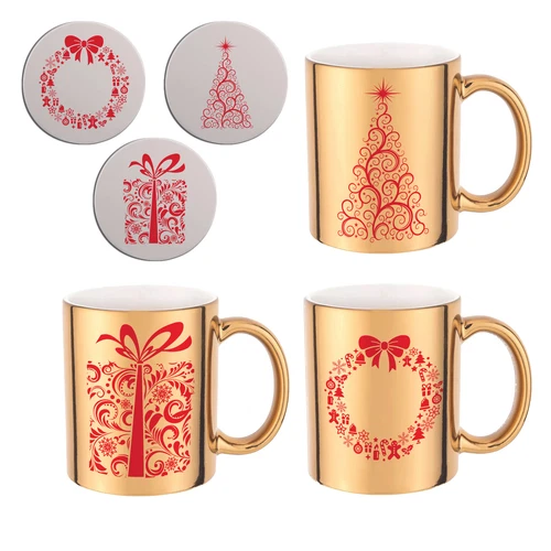 GIFT SET - Gold Christmas Mugs and Coaster